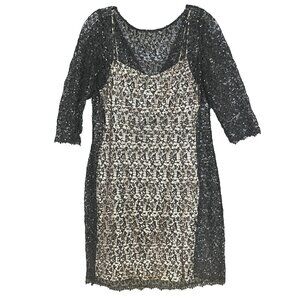 Black Lace Nude Lined Cocktail Party Dress Sheath Evening Semi Formal Elegant M